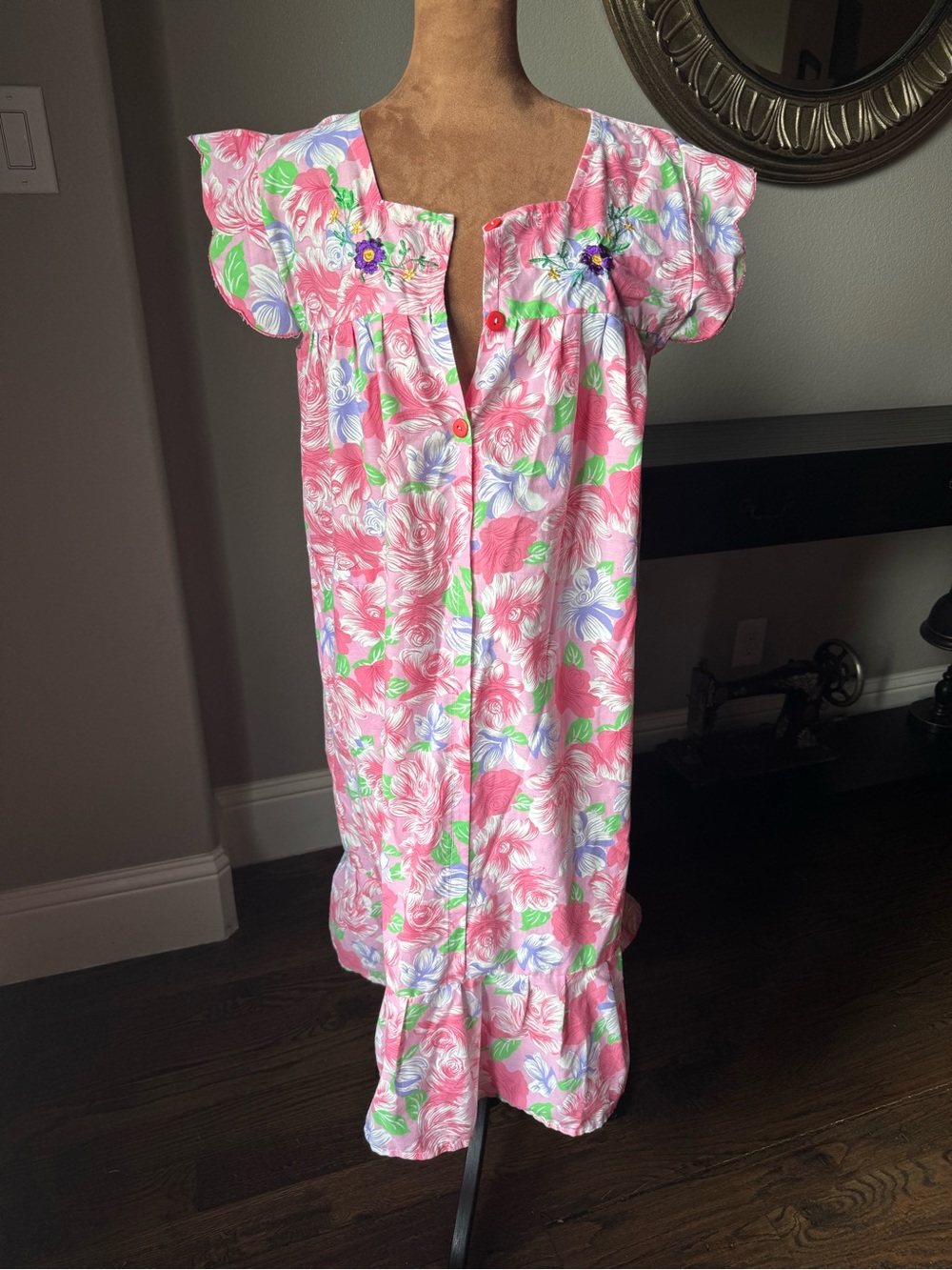 Vintage Authentic Filipino Pink Floral Muumuu Housedress Embroidered Duster S